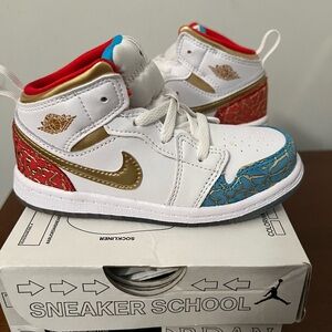 Toddler Sneakers, Jordan 1’s, Size: 9c, Color: White, Red, Blue, Gold